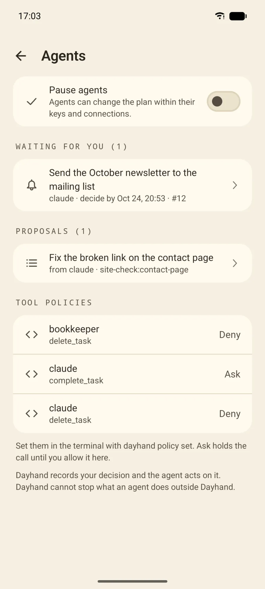The Agents screen on Android: the Pause agents switch, one request waiting for you, one proposal from claude, and tool policies that deny delete_task to bookkeeper and claude and ask before claude completes a task.