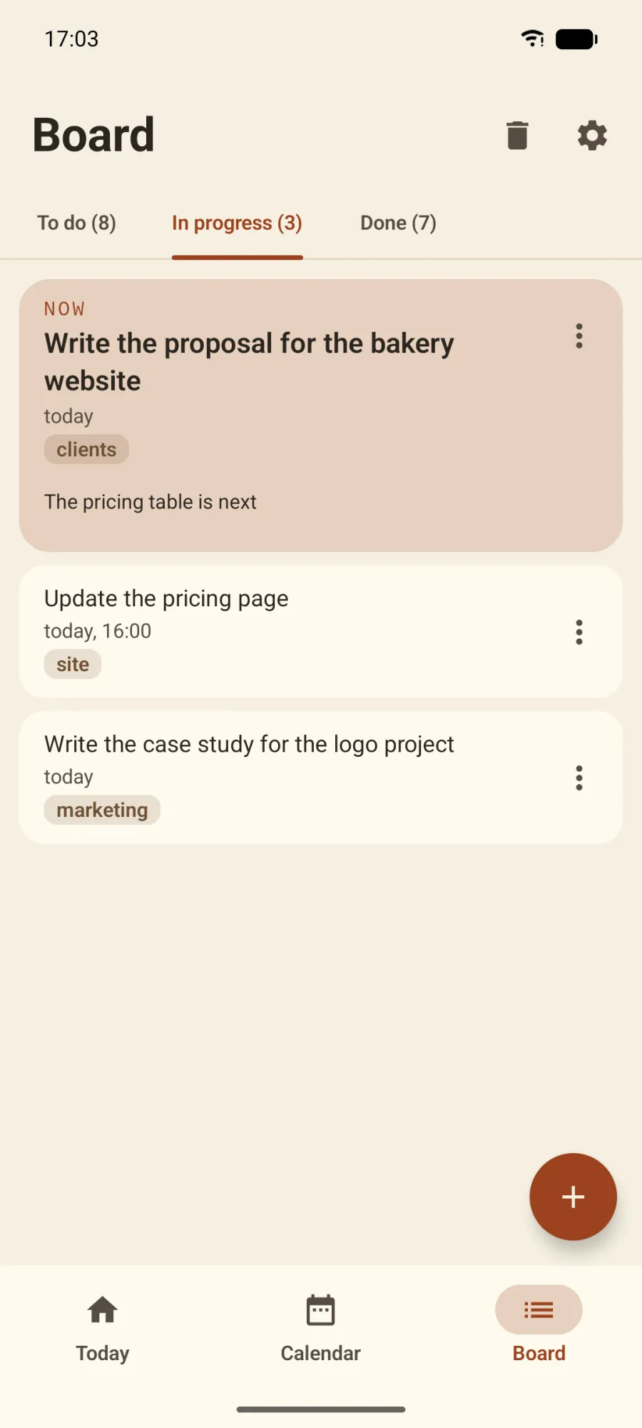 The board on Android with three tabs, To do 8, In progress 3 and Done 7. In progress shows the proposal for the bakery website marked Now, Update the pricing page at 16:00 and the case study for the logo project, each with its label.