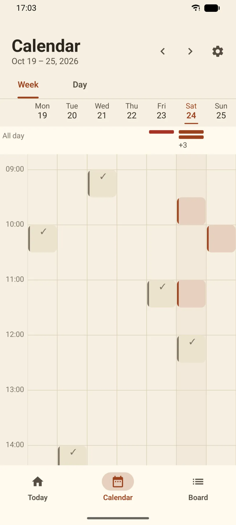 The week calendar on Android for 19 to 25 October 2026. Tasks sit at their times as blocks; the finished ones carry a check mark, and today's column is shaded.