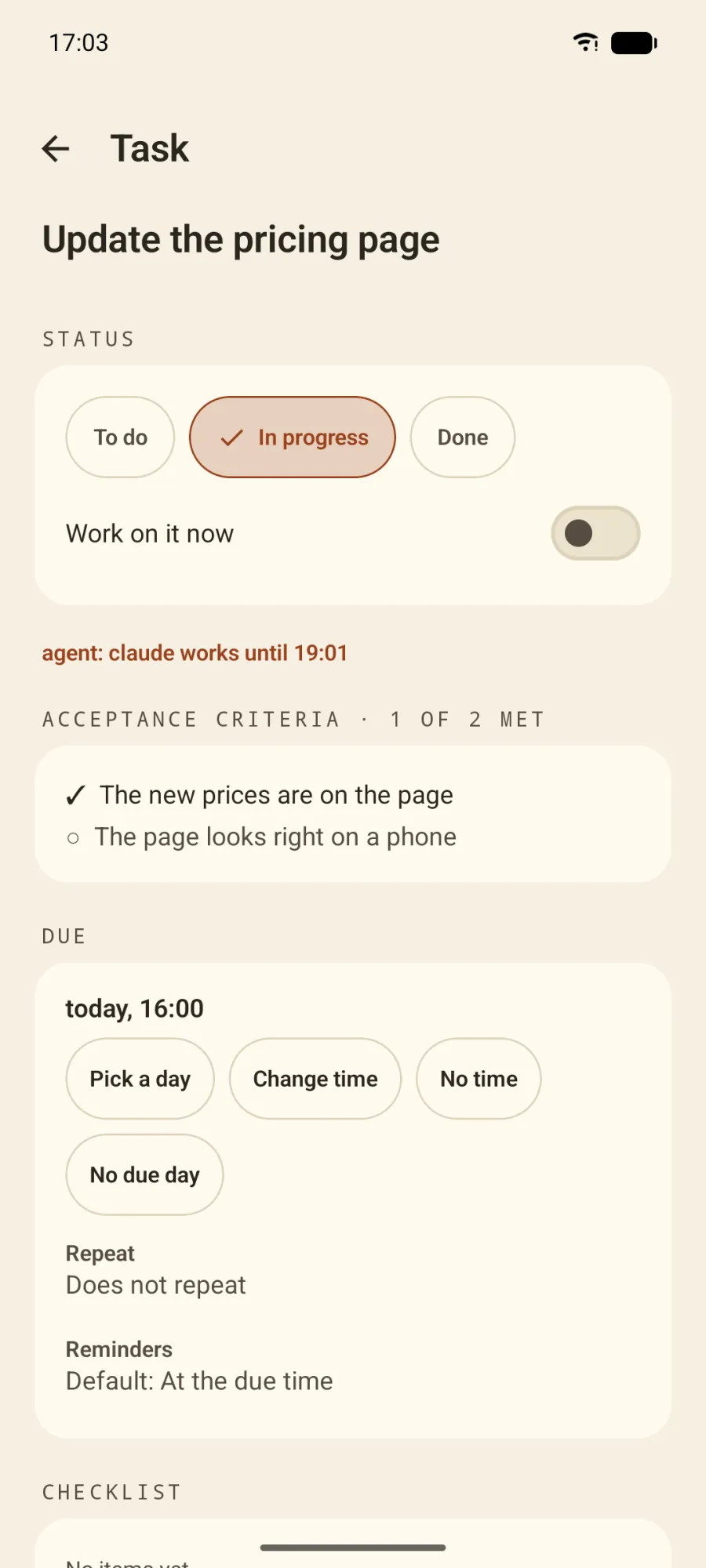 The task Update the pricing page on Android, in progress, with the line agent: claude works until 19:01, and its acceptance criteria, one of two met.