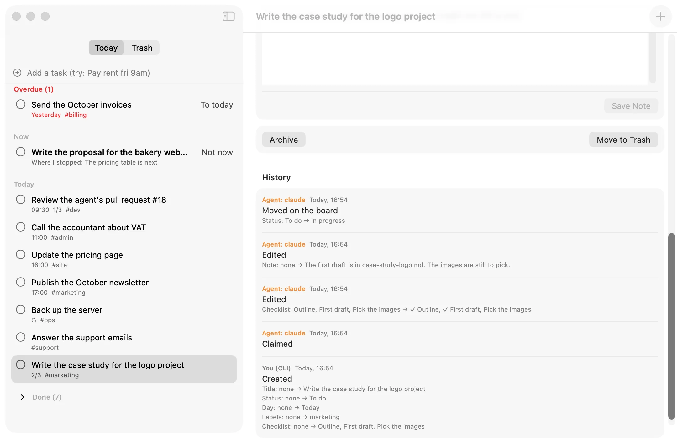 Dayhand for macOS with the history of Write the case study for the logo project, newest first: the agent claude moved it to in progress, added a note, ticked two checklist items and claimed it, after you created it from the command line.